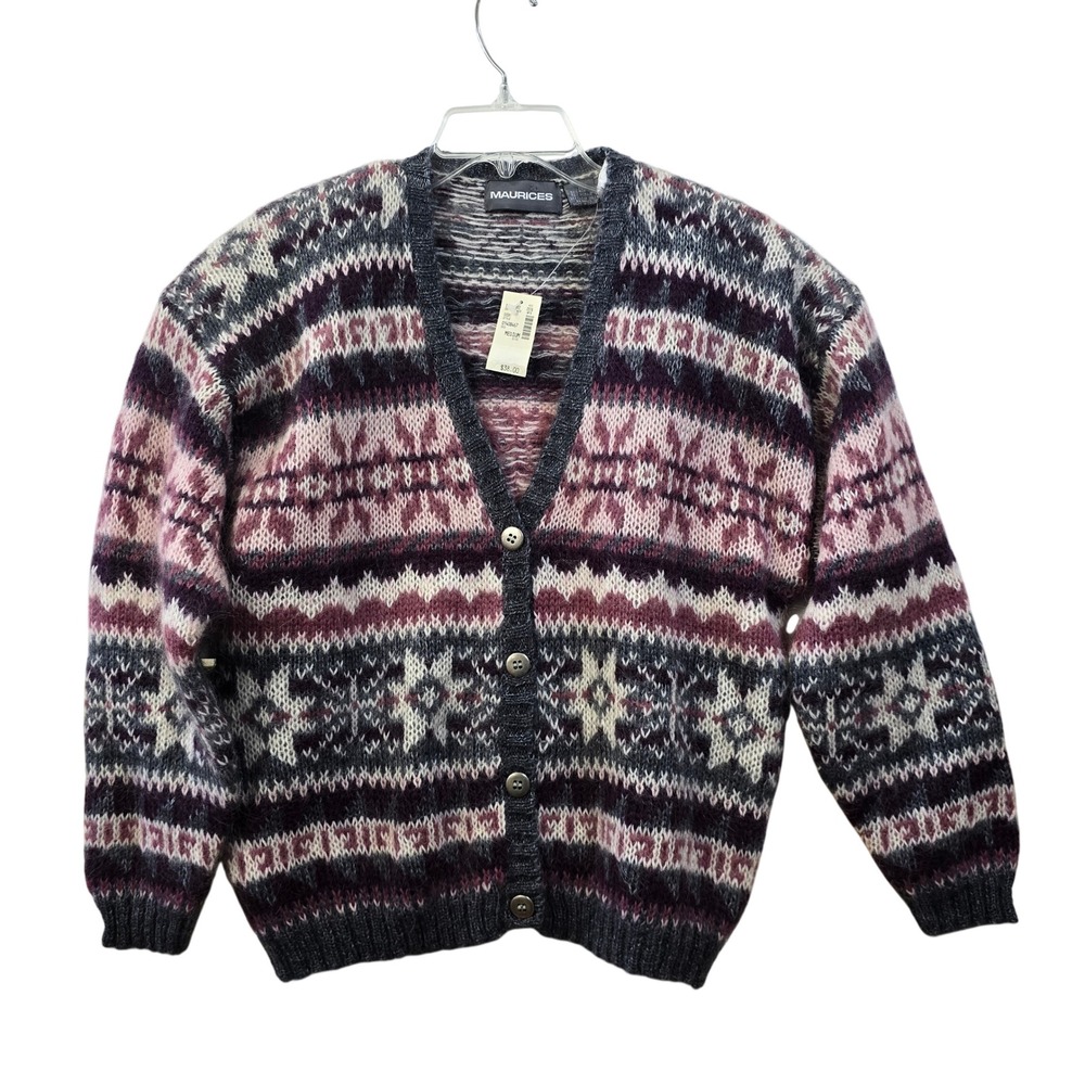 Maurices Mohair Blend Fair Isle Cardigan Fuzzy Knit Cozy Grandpa Medium NEW!‎